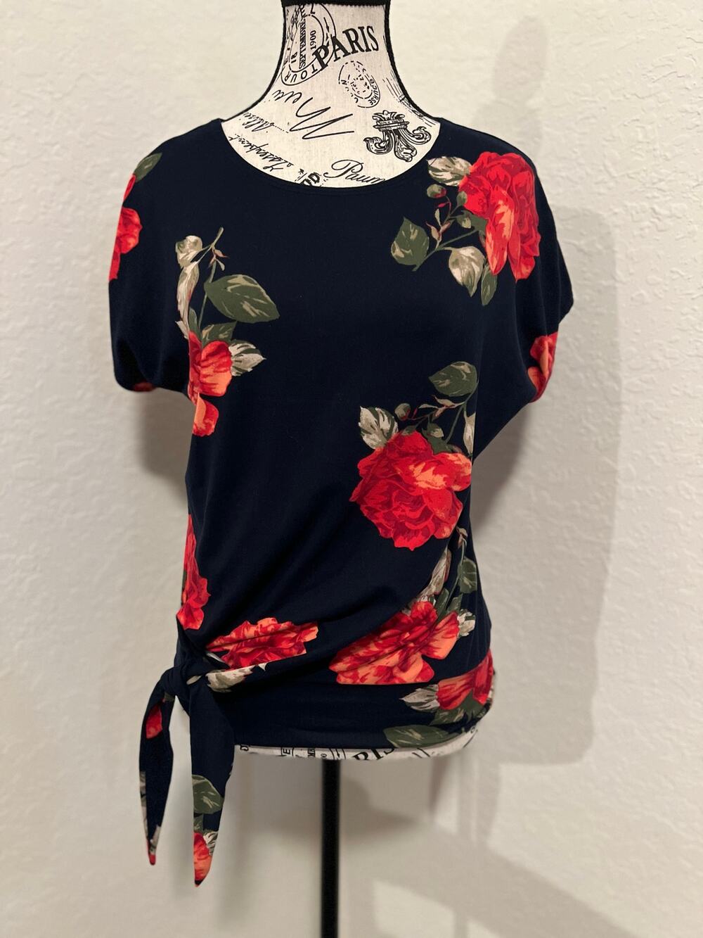 Navy Blue Floral Top Vibrant Red Rose Pattern Side-Tie Knot Detail at the Hem